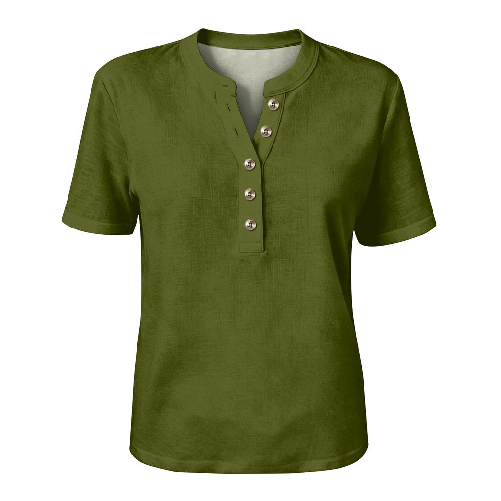 Women’s Fashion Solid Pattern Henley Button Neck Short Sleeve Cotton Linen Shirt for Casual and Daily Wear