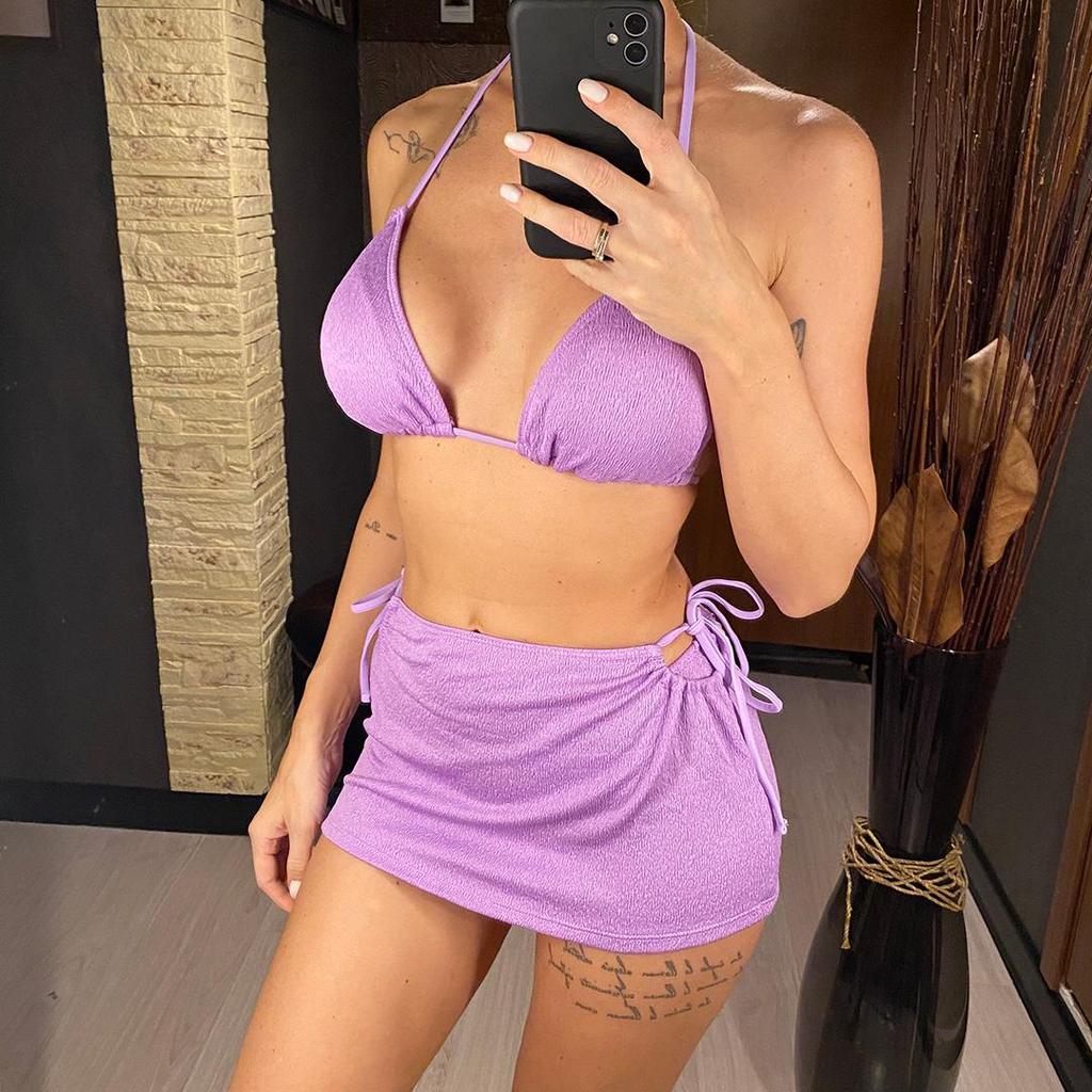 3 STK Med skjørt Rynket brasiliansk Bikini Dame Badedrakt Dame Badedrakt Tredelt Bikinisett Badedrakt Swim