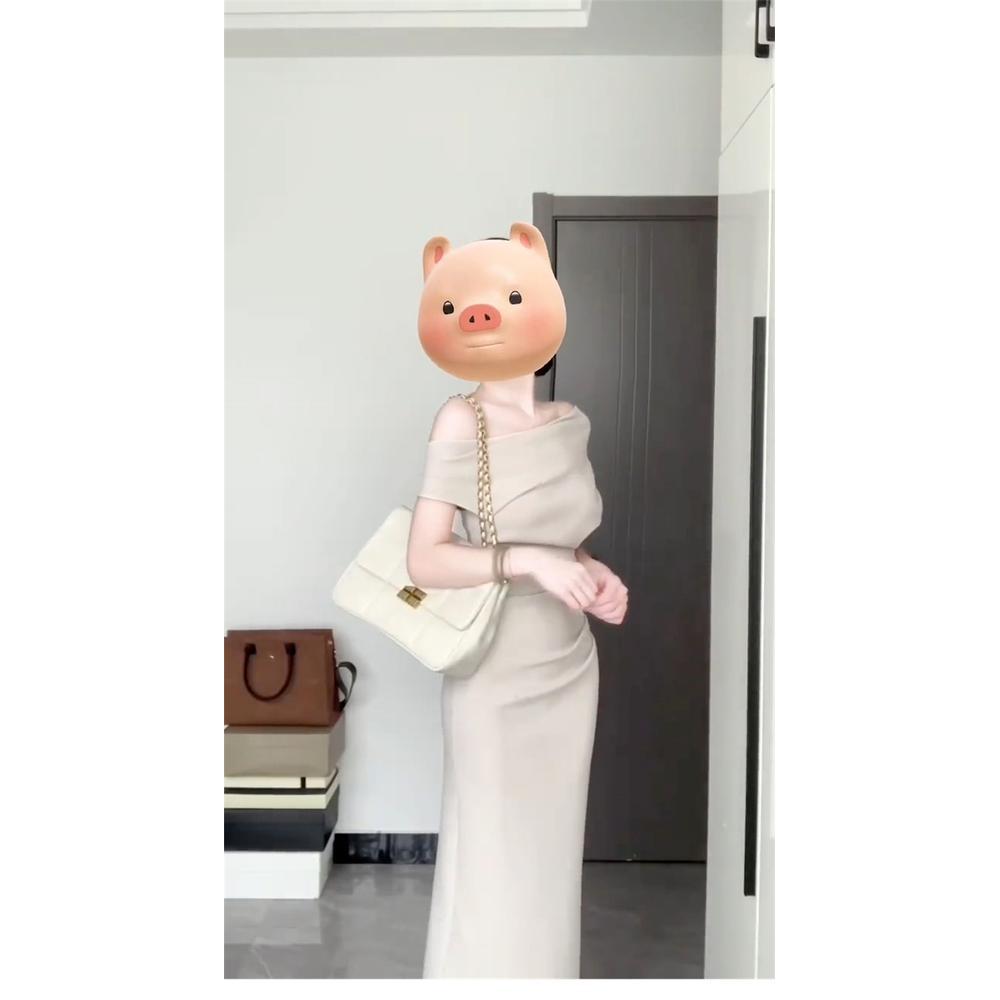 Off-Shoulder Sexy Waist Temperament Pleated Dress Women's Summer Small Dress Long Dress Dress Clothes