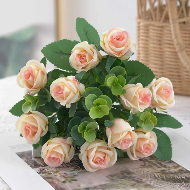 Artificial Eucalyptus Leaves & Silk Roses Bouquet, Fake Flowers for Vase, Home Outdoor Garden Festival Wedding Party Table Decor