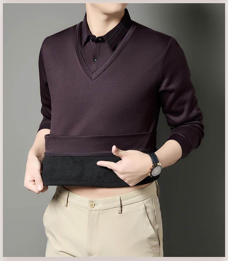 Men's Winter Thickened Velvet Two-Piece Faux Layered POLO Shirt with Warm Lapel - Long Sleeve for Middle-Aged Dad