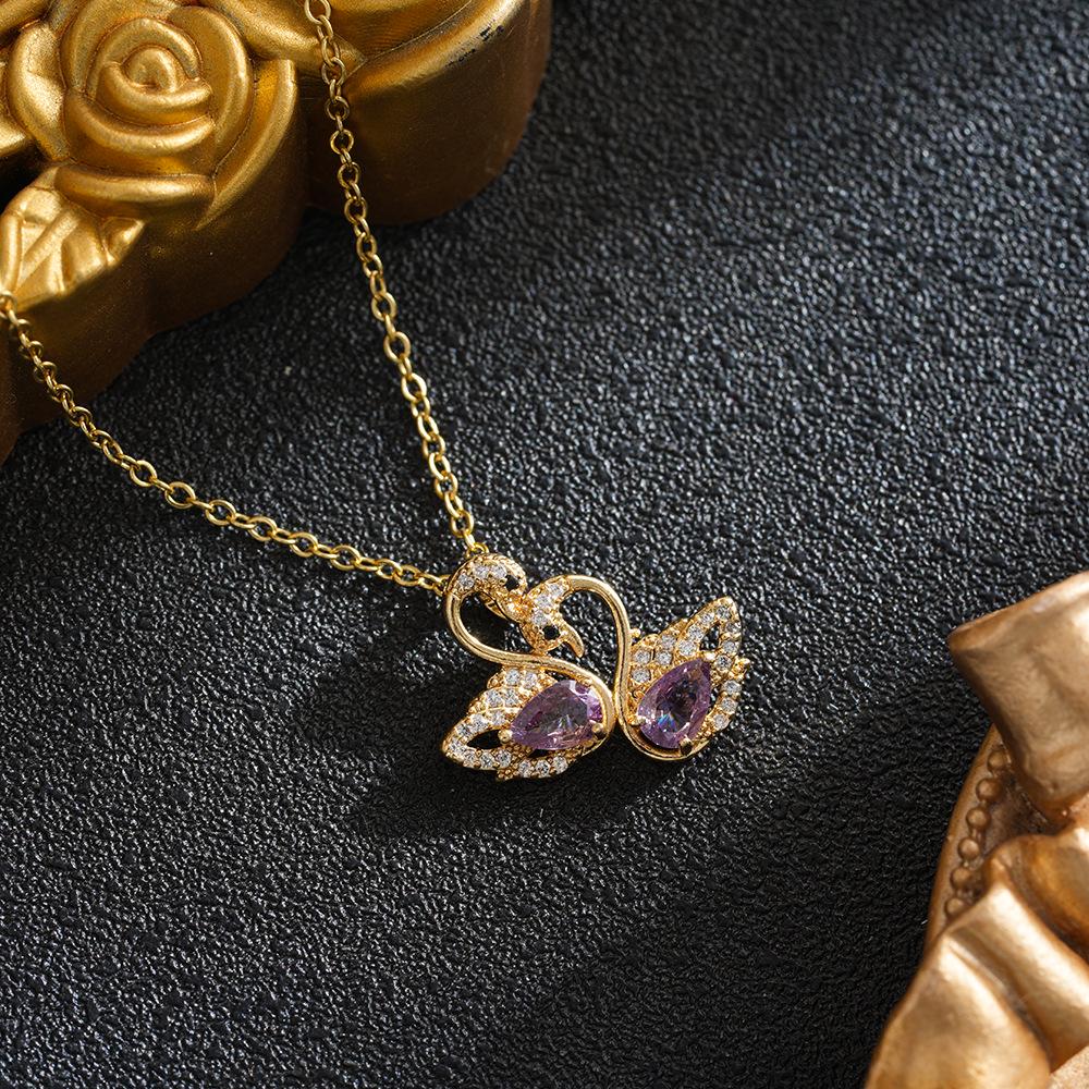 Double Swan Purple Titanium Necklace - Elegant Korean Style Women s Clavicle Chain