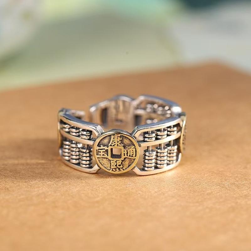 Ethnic Fashion Rings Featuring Retro Abacus Bead And Copper Coin Designs Adjustable For Daily Wear Symbol Of Fortune