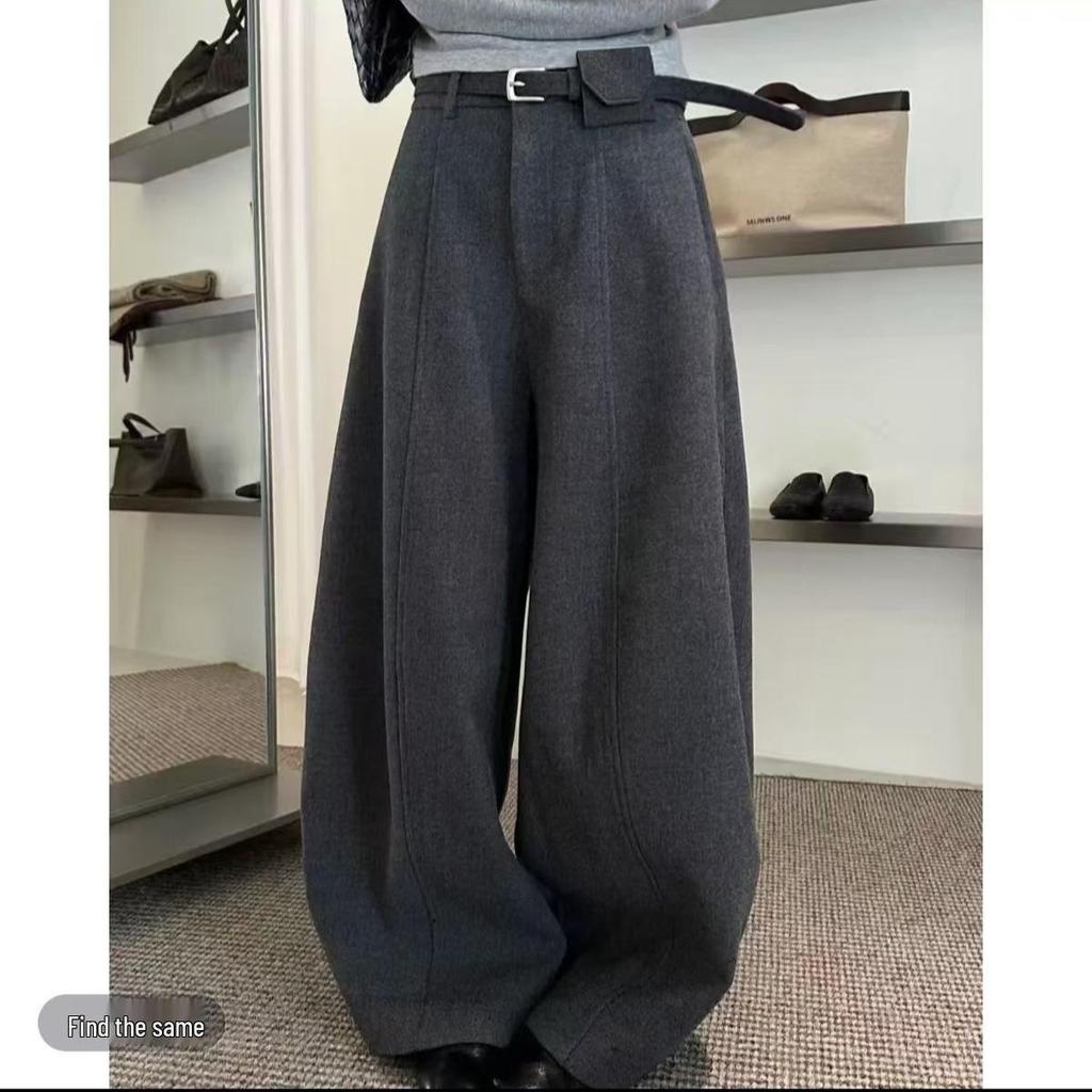 Endorsed by Xiao Yang (158cm) - Women's Woolen High Waist Cropped Wide-Leg Pants, Plush Thickened, 2025 Winter Collection.