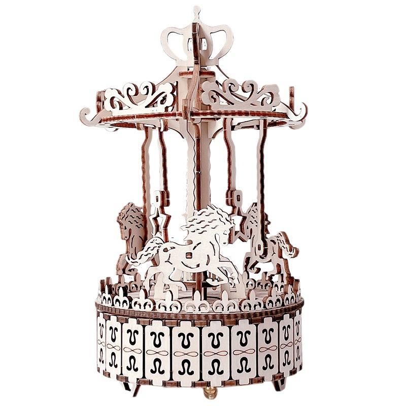 Custom Romantic Carousel Music Box DIY Wooden 3D Jigsaw Puzzle Toys Kids and Adult Gift Set
