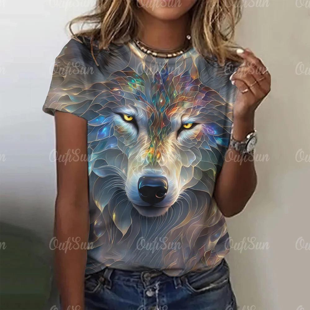 Women's Wolf Printed Round Neck T-shirt 3D Digital Printed Short Sleeve Shirt Fashion Women's Animal Pattern Top 3215 KTB