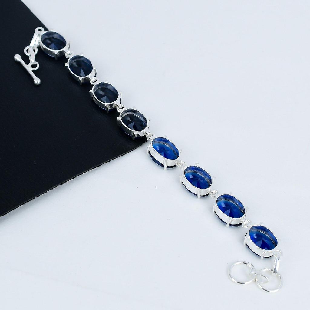 Blue Sapphire Gemstone Handmade 925 Sterling Silver Bracelet, Blue Sapphire Bracelet For Wife , Unisex Bracelet Party Gift For Her