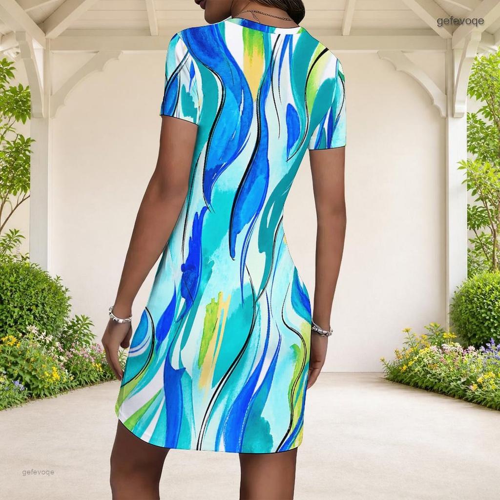 Women Plus Size Round Neck Short Sleeve Printed Fitted Mini Dress