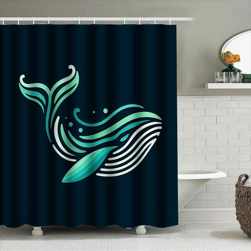 Blåval Duschdraperi Badrumsdekor Vattentätt Tyg Grön och Vit Design Tryck av Hög Kvalitet Perfekt Gåva till Familjer