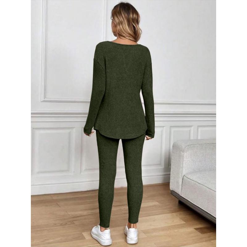 Women V Neck Long Sleeve Thin Casual Two Piece Loungewear Set With Long Pants