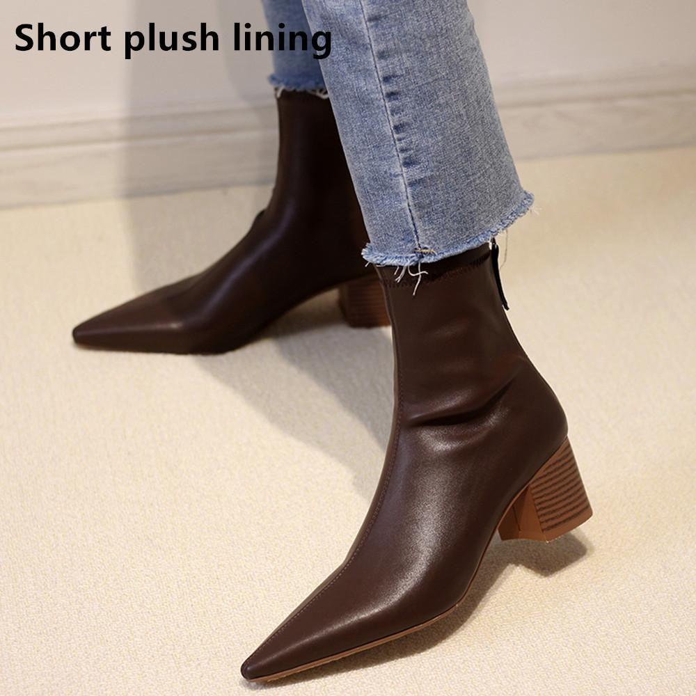 Autumn Winter Fashion Women Pointed Toe Yarn Elastic Ankle Boots Kid Suede Thick Heel Shoes Female Socks Boots Bota Femini