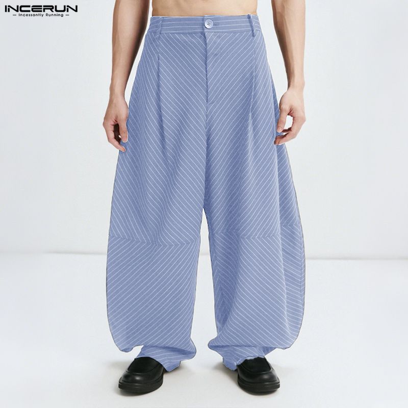 INCERUN Summer Men Zipper Waist Casual Striped Long Pants Trousers