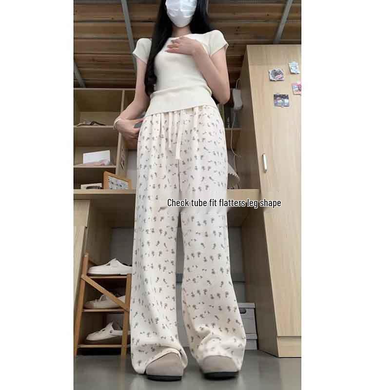Trendy Floral Wide-Leg Pants for Women: Versatile, Loose Casual Fit for Spring & Autumn, Korean Style for Petite Female Students