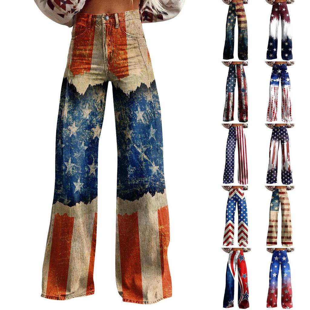 Wide Leg Flare Jeans For Women With Pockets Baggy Pants Vintage Floral Print High Waisted Loose Pant