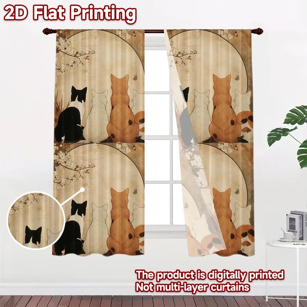 2D FLAT PRINTING 2pcs Curtains (Without Rod) Cats Watching Cherry Blossoms Popular Curtains Digital Printed Versatile Polyester