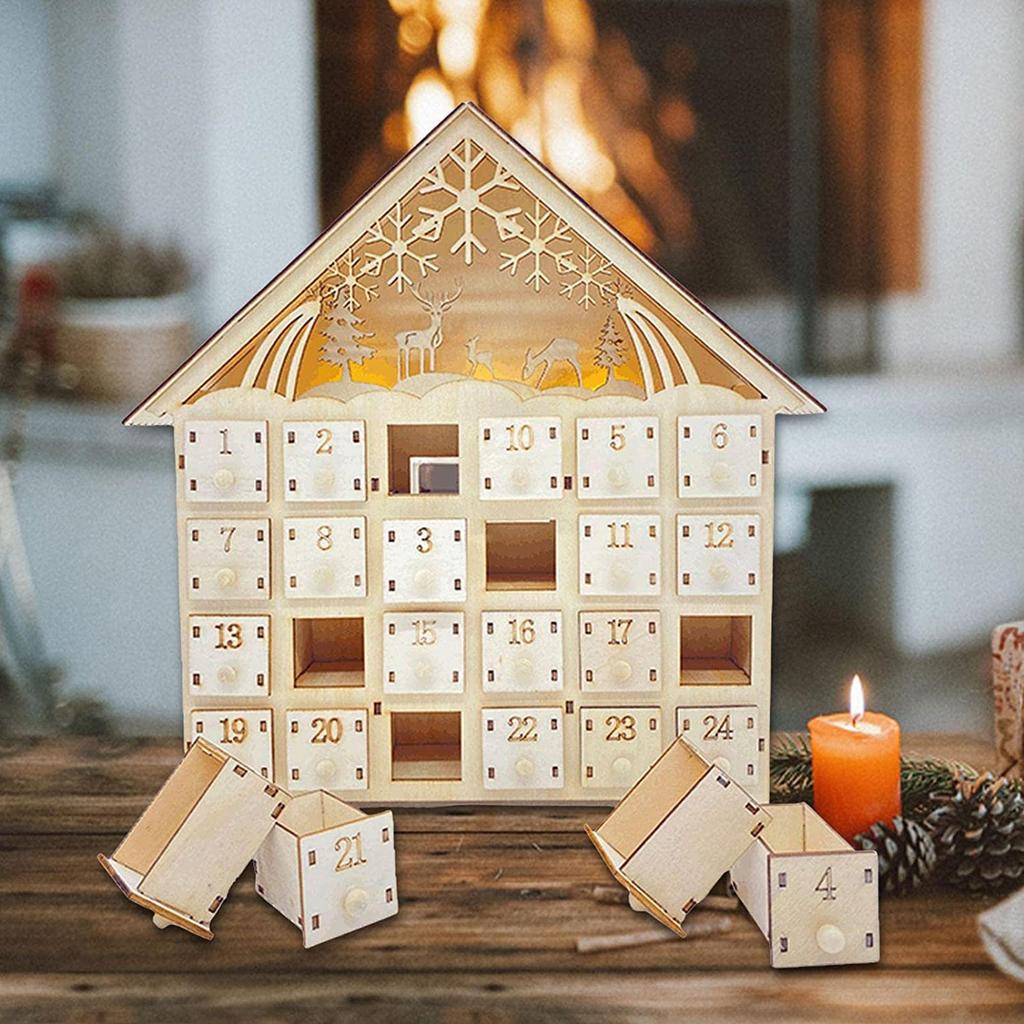Wood Christmas Advent Calendars House LED Lights 24 Days Countdown Storage Organization Figurines Room Home Christmas Decoration