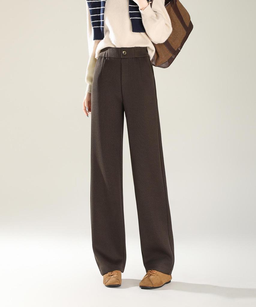 Dámské kávově hnědé pruhované tvídové kalhoty s vysokým pasem, fleecovou podšívkou a rovnými nohavicemi pro volný čas