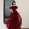 Design Toast Bride 1011 New Summer Red Evening Dress One-word Shoulder Light Luxury Large Size Fat Mm