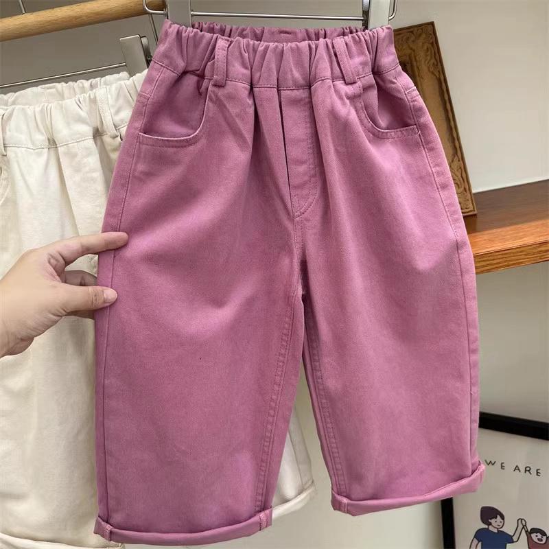 Girls' Spring/Fall Casual Straight-Leg Elastic-Waist Pants Solid-Color Loose-Fit Long Pants