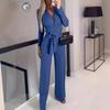 European and American Women's Trousers Set Solid Jumpsuit Solid V-neck Temperament Jumpsuit V-neck Jumpsuit
