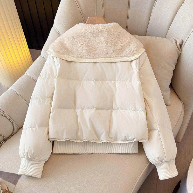 Womens Short White Faux Lamb Fur Collar Down Jacket Winter Warm Puffer Coat Loose Fit Casual Chic