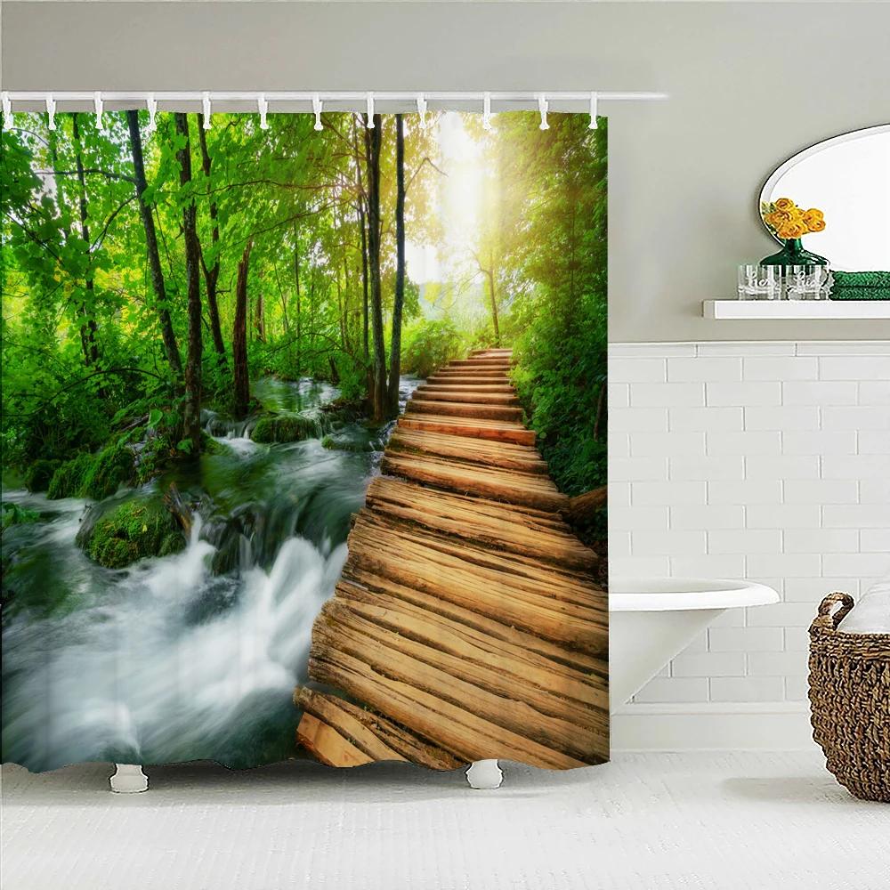 Forest Scenery Printed Fabric Shower Curtains Autumn leaves Tree leaf Bath Screen Waterproof Products Bathroom Decor with Hooks