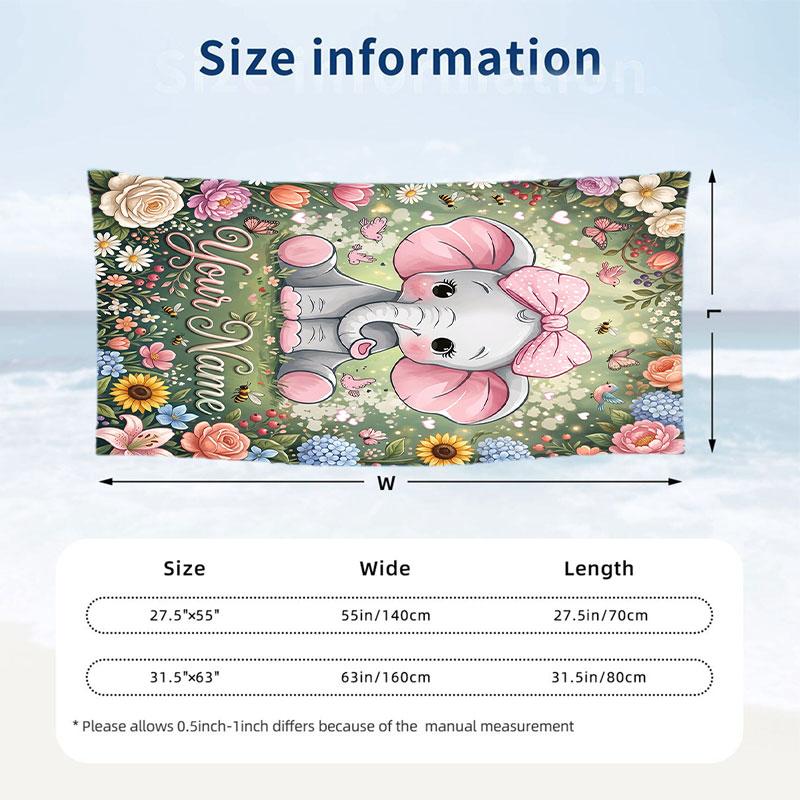 Elephant Theme Beach Towel Personalized Custom Name & Text Soft Quick Dry Beach Towel for Swimming Travel