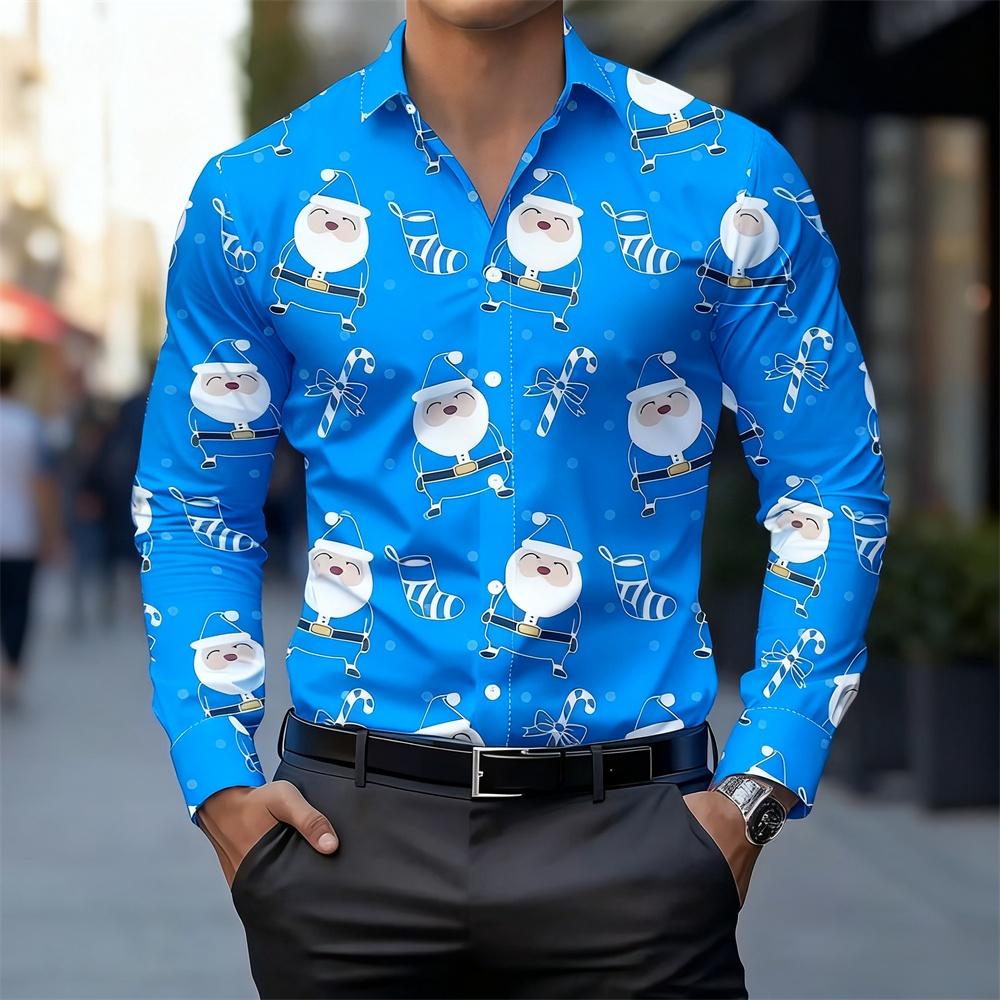 Weihnachten Langarmhemd Kragen Herren Button-Up Hemd Herbst Weihnachten Schneemann 3D-Druck Langarm Herren Feiertagsparty Oberteile