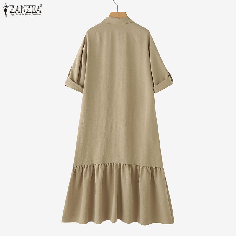 ZANZEA Damen-Kleid, locker, lässig, Umlegekragen, langärmelig, langes Hemdkleid