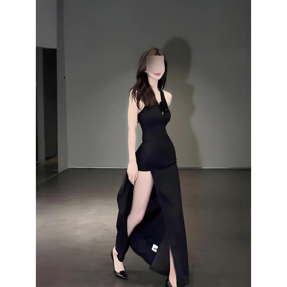 

Черное платье с халтером и цветочным принтом, женское летнее платье с разрезом, облегающее талию, юбка, облегающее бедра, длинное платье XL- (recommended 110-60kg) чёрный