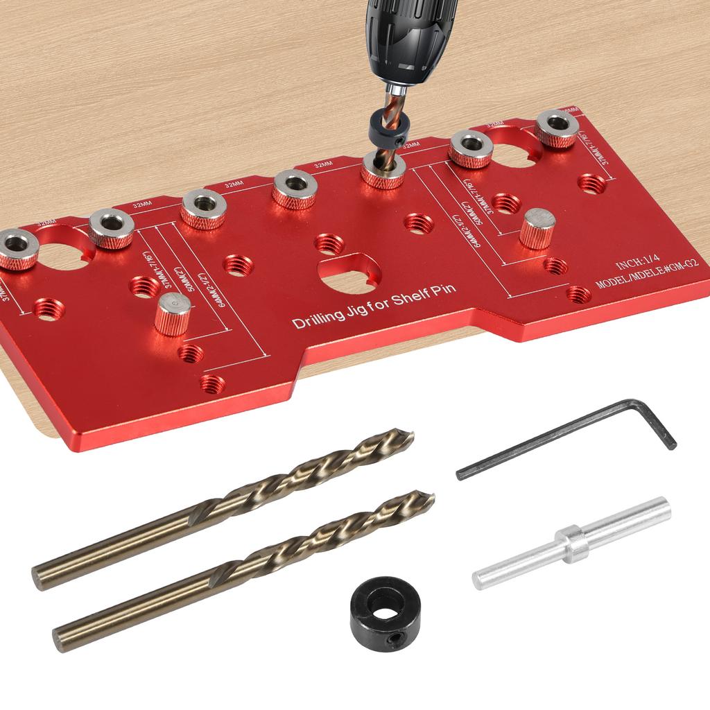 Shelf Pin Jig 1/4in Aluminum Alloy Shelf Pin Drilling Guide Precise Cabinet Mounting Template Jig 32mm Spacing Woodworking Tool