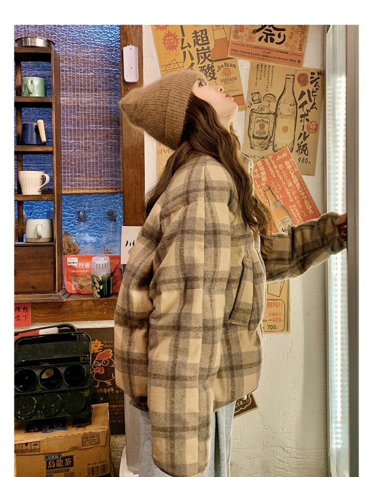 Kurze Kaffee Karierte Baumwollgepolsterte Jacke Damen Winter Locker Oberbekleidung