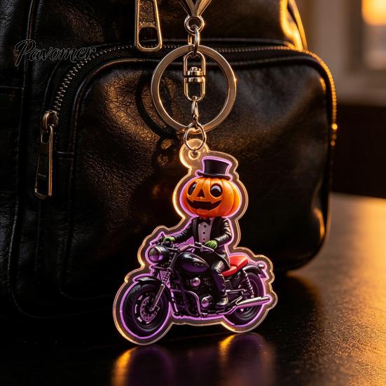Motorcycle Pumpkin Man Key Ring Halloween Rider Acrylic Keychain, Scary Holiday Keychain Ring, Backpacks Handbags Decorative Party Favors Lightweight