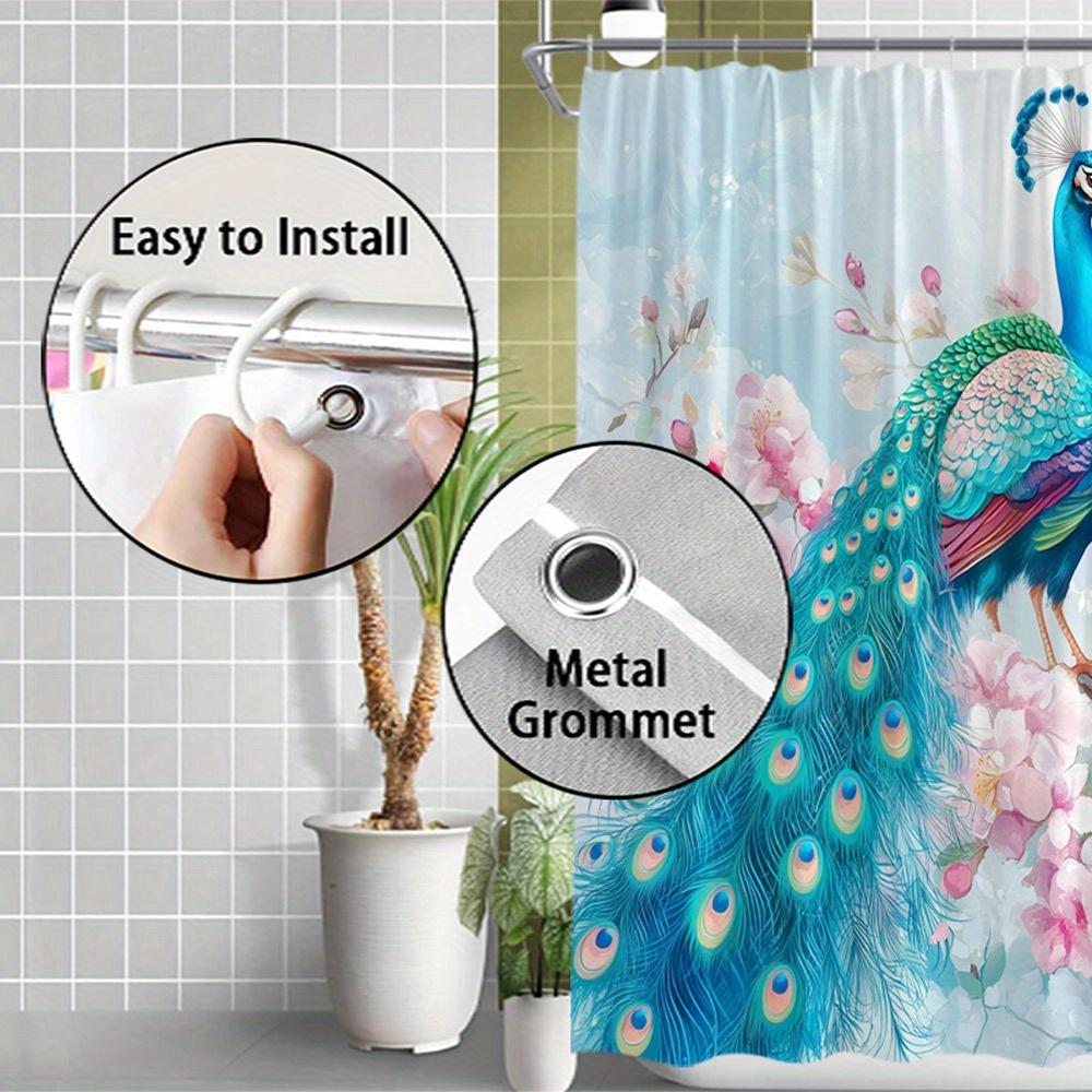 1pc Iridescent Peacock & Cherry Blossom Shower Curtain - Watercolor Style, Vibrant Blue Peacock with Pink Pastel Flowers