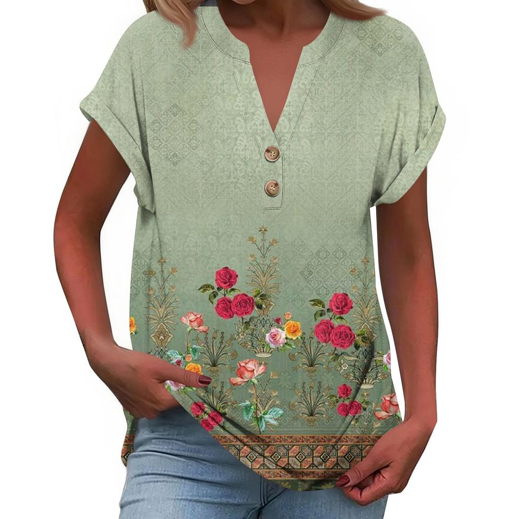 Women's Fashionable Casual Loose-Fit Short-Sleeved Button-Up V-Neck Printed T-Shirt Top