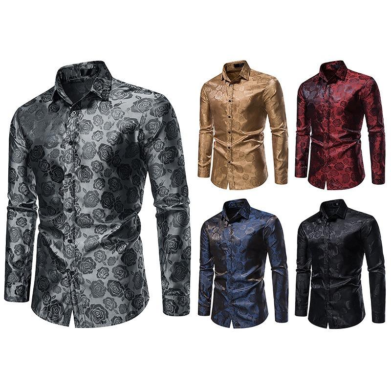 Heren S Lange Mouw Rozenprint Slim Fit Casual Shirt