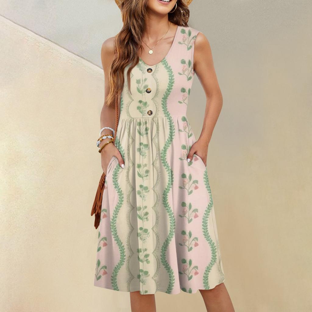 Women's Casual Fashion Sexy V-neck Button Decoration Sleeveless Beach Printed Boutonniere Dress