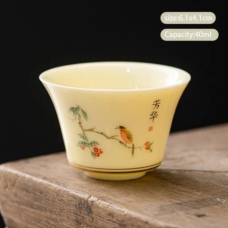 1 Pc Chinese Ceramic Tea Cup Handmade Flower and Bird Pattern Teacup Porcelain Tea Bowl Travel Master Cup Household Teaware