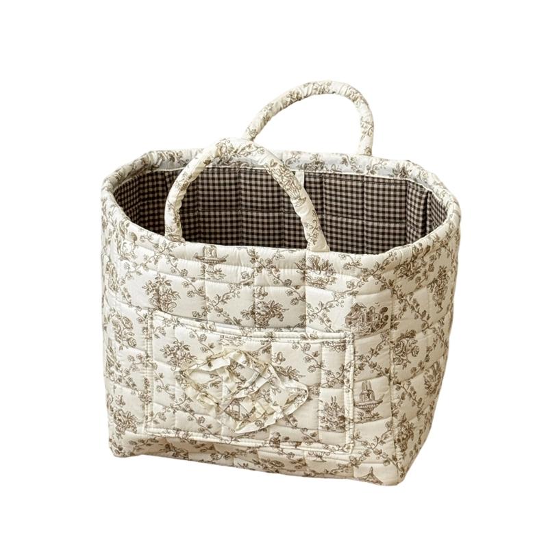 Floral Pattern Quilted Cotton Storage Basket Foldable Lightweight with Handles for Home Laundry Toy Organization