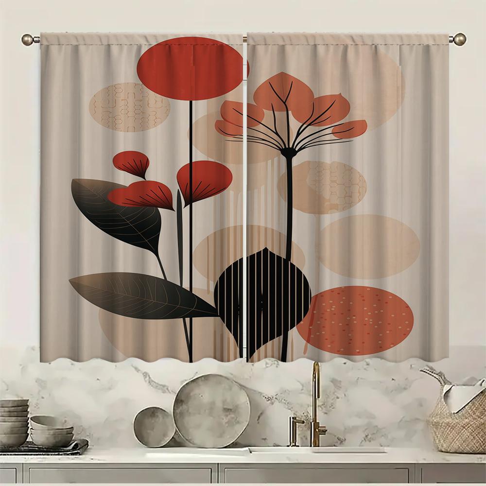 2 Stück Geometrische Blätter Vorhänge mit Landschaftshintergrund und Stangentasche, für Küche, Café, Wohnzimmer, Balkon