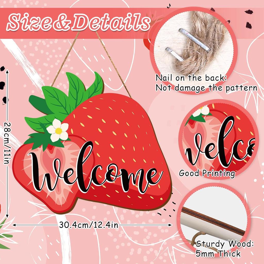Whaline Strawberry Wooden Hanging Welcome Door Sign Summer Fruit Theme Wall Plague Seasonal Front Door Hook Sign Decoration Housewarming Gift Indoor