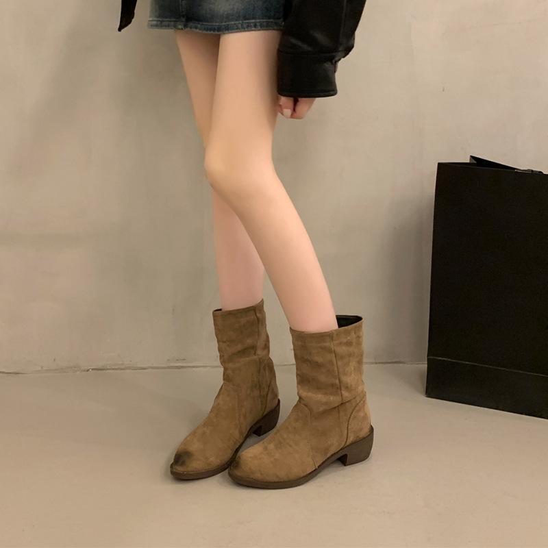 Vintage Western Cowboy Boots Short Skinny Pleated Pile Boots Women s Pointed Thick Heel Short Boots 35