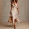 Rochie Midi de Damă cu Decolteu în V, Fără Mâneci, Stil Wrap, Bordură din Dantelă, Legare pe Lateral, Decupaj, Rochii Maxi Lungi pentru Petrecere pe Plajă