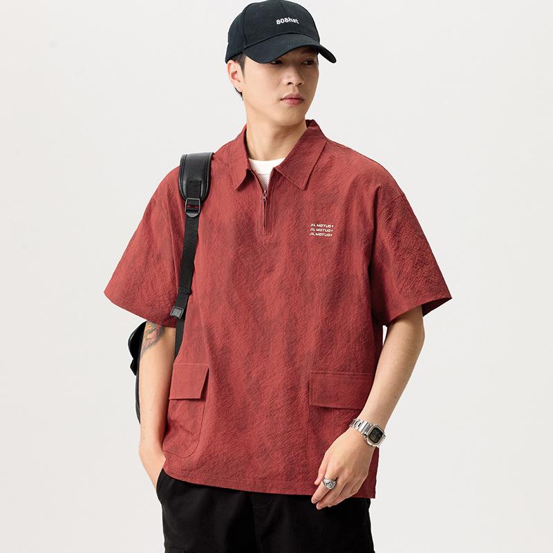 Summer Retro Ice Silk Bubble Textured Pattern Shirt Lapel Loose Casual Short-sleeved Shirt