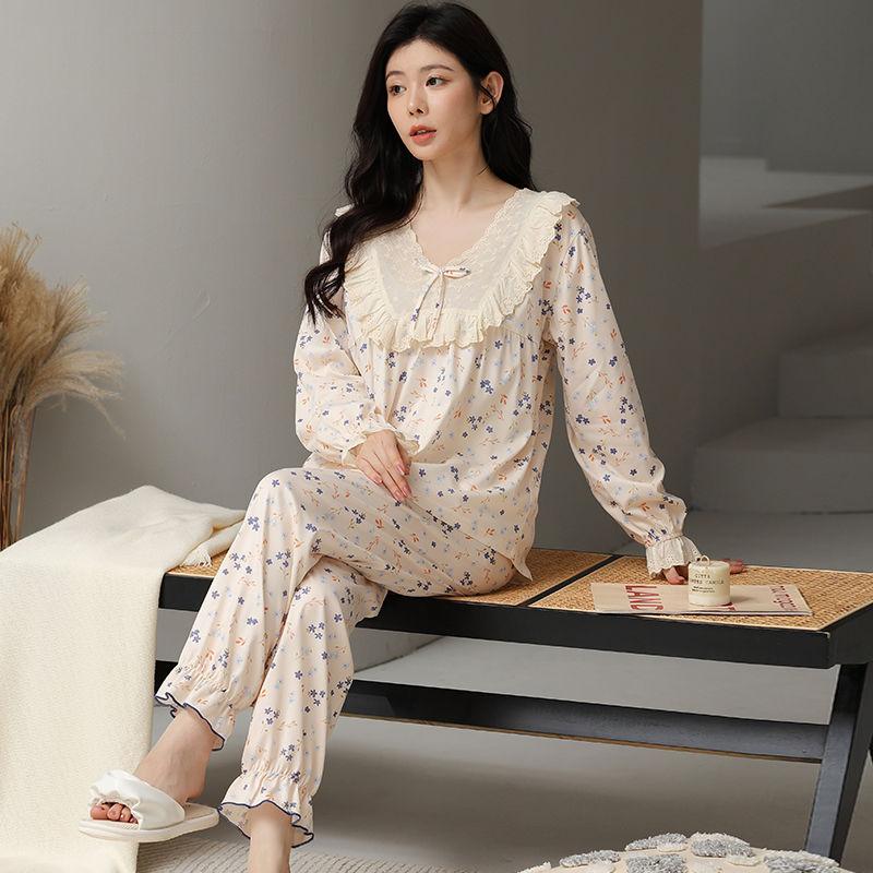 Large Size Plus 100 Pounds Pajama Suit Women's Spring and Autumn Pure Cotton Sweet Home Wear New Long-sleeved Trousers Home Wear Set