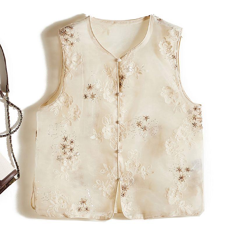 

Artistic Quality Jacket! Organza Embroidered Sequin Single-Breasted round Neck Vest Female Amoi Forced Creamy-white Embroidered Sequin L