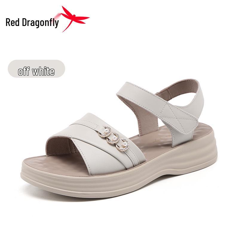 Red Dragonfly Women s Summer Genuine Leather Velcro Sandals - Flat, Non-slip Soft Sole 38 бежевый