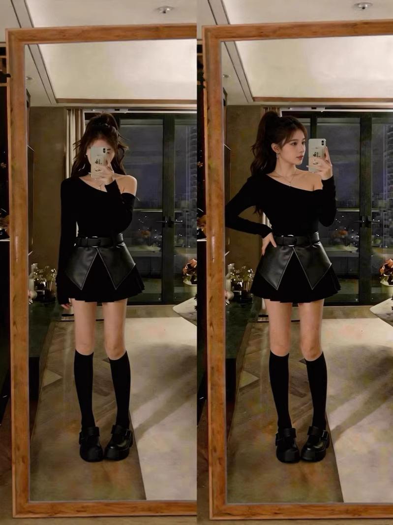 Korean Style Plus Size Black One-Shoulder Top & Waist-Cinched Skirt Set for Women XXL