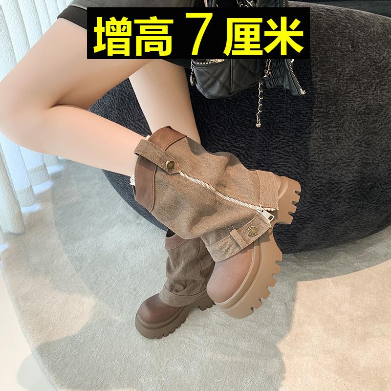 [Fanfna] European denim pants short boots women's 2025 autumn new retro thick-soled heightening stacking boots