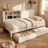 Vienvietė sofa-lova 90x200 cm su ištraukiama lova 90x190, balto rėmo, su laikymo galine sienelė, skyriumi, paslėptu sandėliuku, USB/USB-C, grotelėmis, be čiužinio